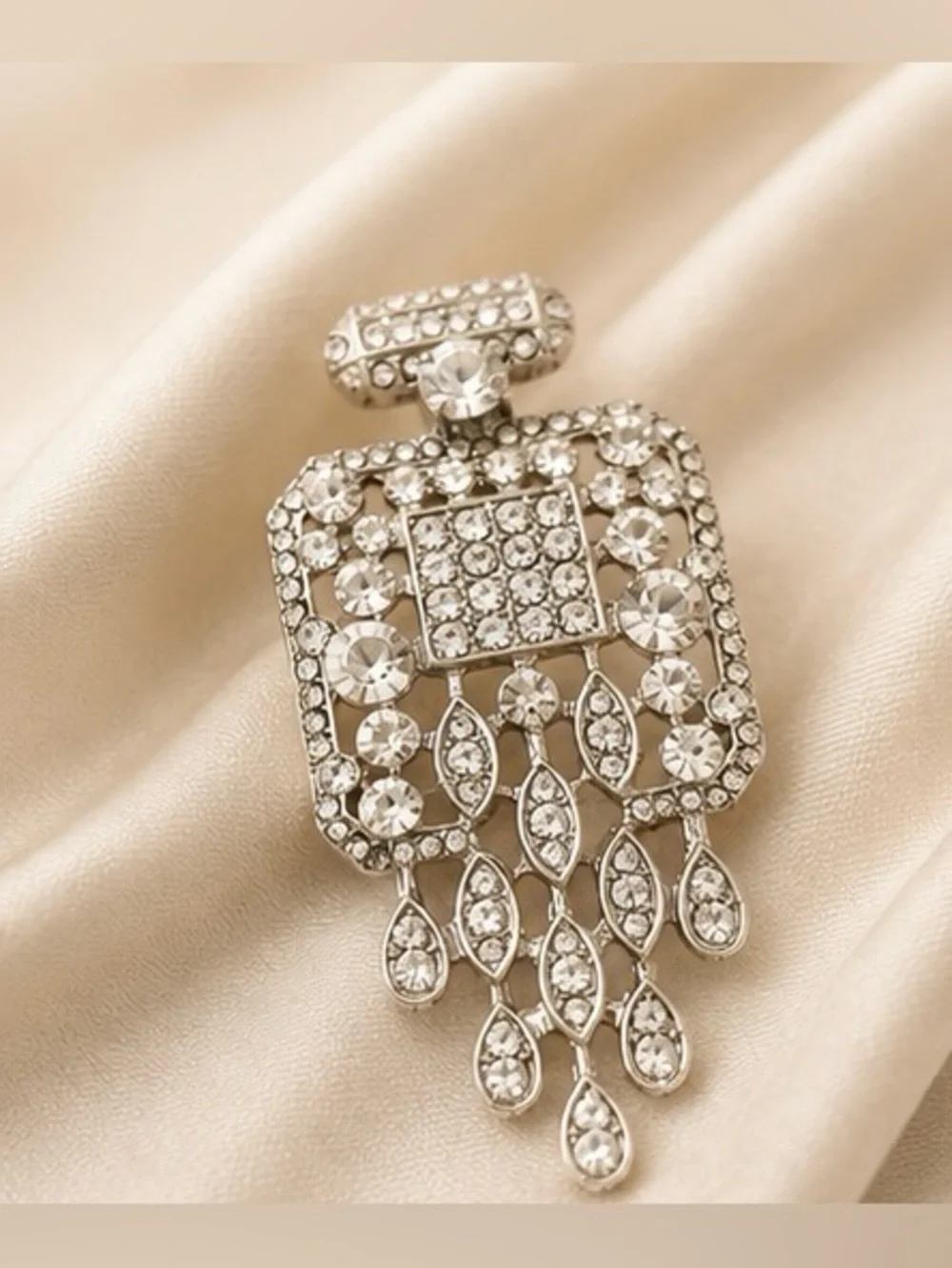 Silver Tone Rhinestone Chandelier Brooch – Crystal Dangle Statement Pin